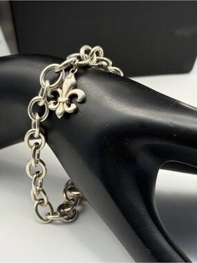 8" AG India Sterling Silver 925 Fleur De Lis Charm Link Bracelet Rare Vintage
